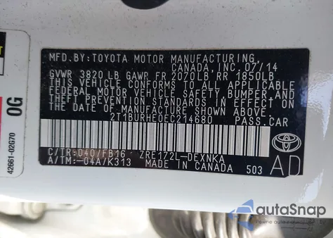 2014 Toyota Corolla Le from USA, damaged, VIN 2T1BURHE0EC214680